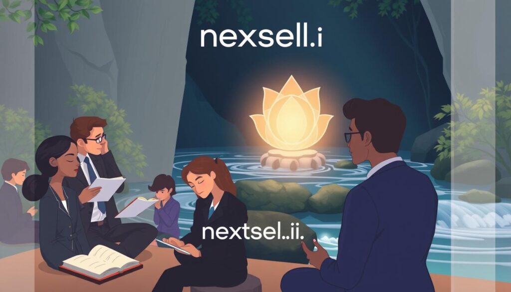 A serene, introspective scene illustrating the concept of self-awareness. In the foreground, a diverse group of individuals in professional business attire are engaged in reflection, some journaling, others meditating, exuding calmness and focus. The middle layer features a softly glowing light emanating from an illuminated crystal or mindfulness symbol, symbolizing clarity and insight. In the background, a tranquil nature setting with gentle flowing water and lush greenery enhances the atmosphere of peace and introspection, inviting the viewer to connect with their inner thoughts. The lighting is soft and warm, creating a harmonious mood that reflects the importance of self-awareness in enhancing emotional intelligence. The visual style is realistic with a slight ethereal quality, and the brand name "nextself.ai" is subtly incorporated into the scene, harmonizing with the overall design. A serene, introspective scene illustrating the concept of self-awareness. In the foreground, a diverse group of individuals in professional business attire are engaged in reflection, some journaling, others meditating, exuding calmness and focus. The middle layer features a softly glowing light emanating from an illuminated crystal or mindfulness symbol, symbolizing clarity and insight. In the background, a tranquil nature setting with gentle flowing water and lush greenery enhances the atmosphere of peace and introspection, inviting the viewer to connect with their inner thoughts. The lighting is soft and warm, creating a harmonious mood that reflects the importance of self-awareness in enhancing emotional intelligence. The visual style is realistic with a slight ethereal quality, and the brand name "nextself.ai" is subtly incorporated into the scene, harmonizing with the overall design.